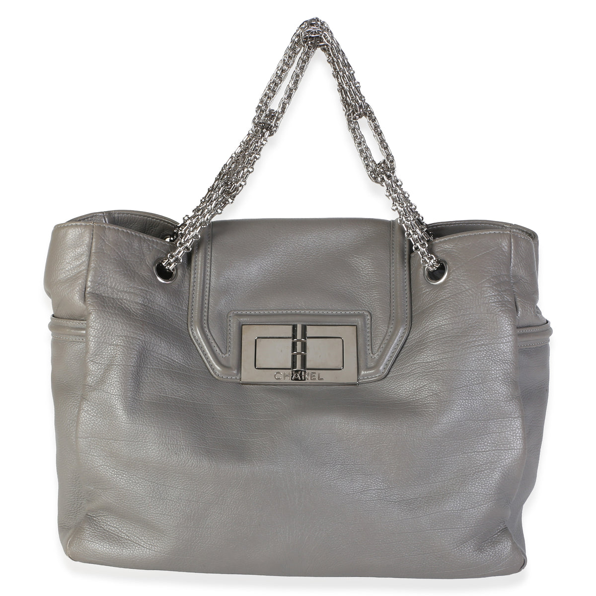 Chanel Grey Calfskin Mademoiselle Lock Bijoux Chain Tote Handbag fv