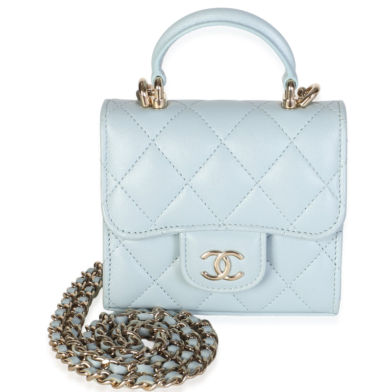 Chanel Light Blue Quilted Lambskin Mini Top Handle Clutch With Chain Handbag fv