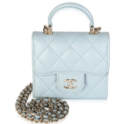 Chanel Light Blue Quilted Lambskin Mini Top Handle Clutch With Chain Handbag fv