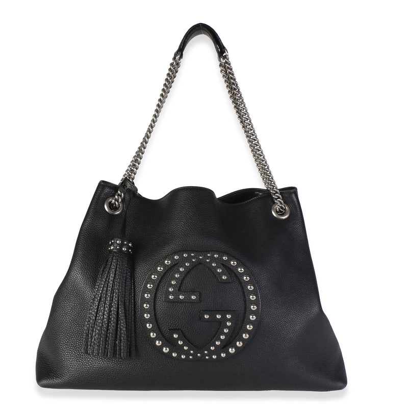 Gucci Black Studded Pebbled Calfskin Large Soho Chain Tote Handbag fv