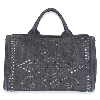 Prada Blue Crystal Embellished Denim Canapa Tote Handbag id