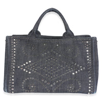 Prada Blue Crystal Embellished Denim Canapa Tote Handbag id