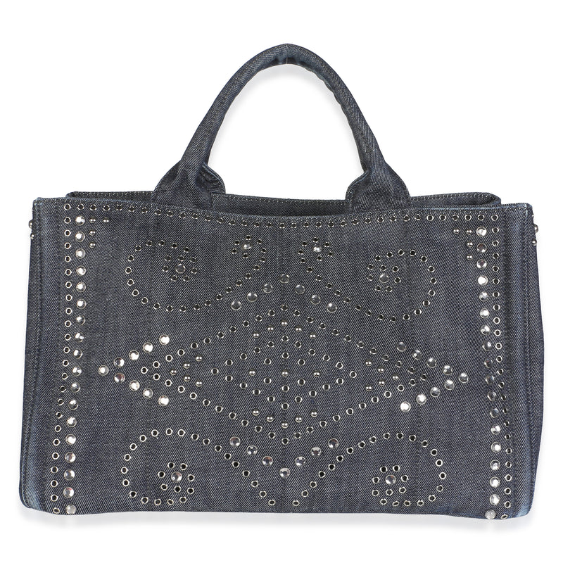 Prada Blue Crystal Embellished Denim Canapa Tote Handbag id