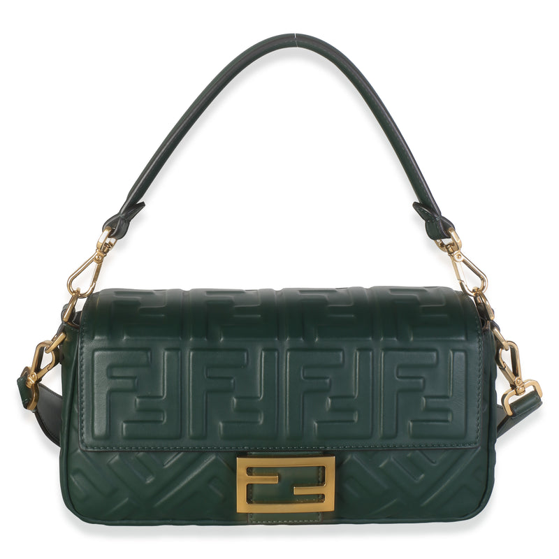 Fendi Dark Green Nappa FF 1974 Embossed Baguette Bag Handbag id