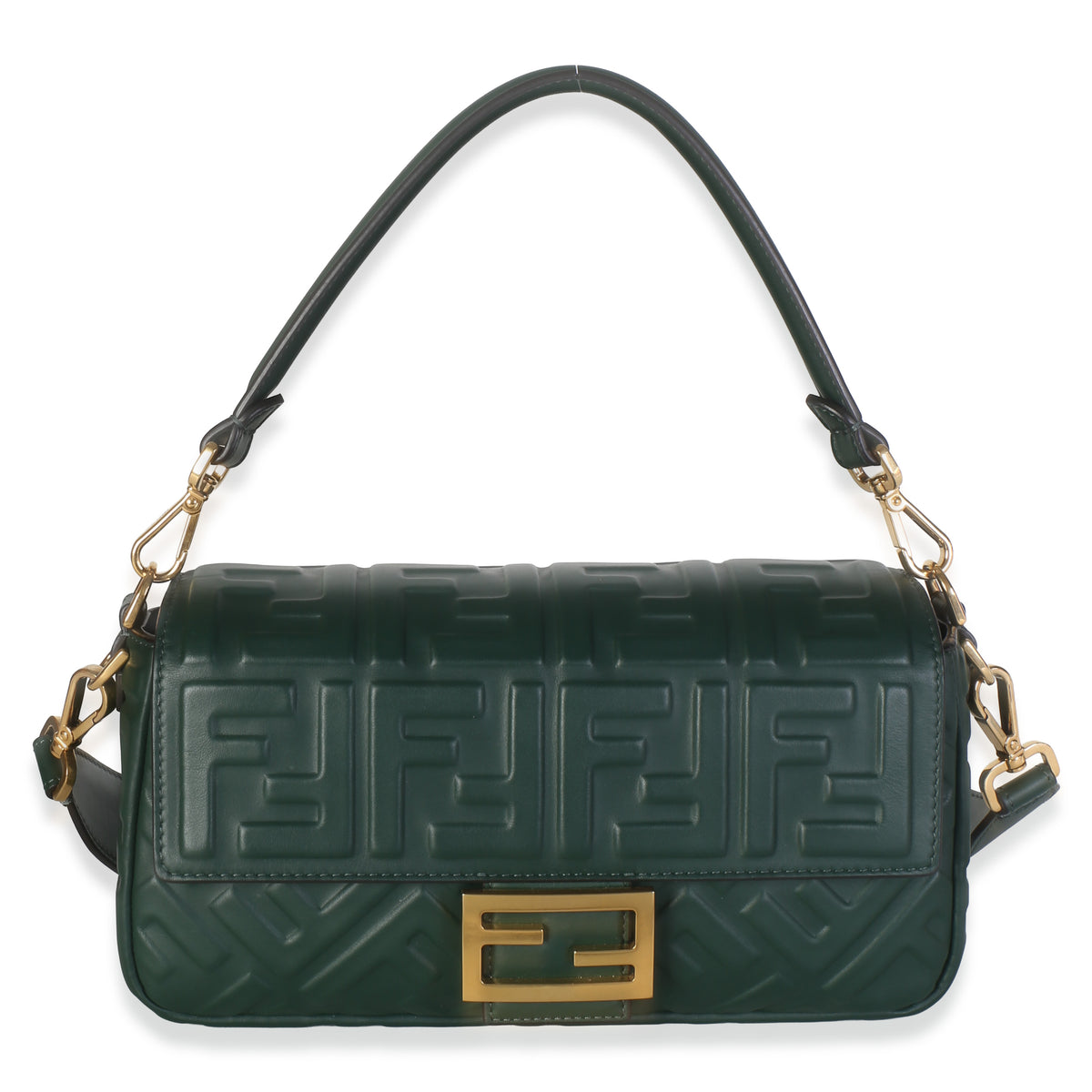Fendi Dark Green Nappa FF 1974 Embossed Baguette Bag Handbag id