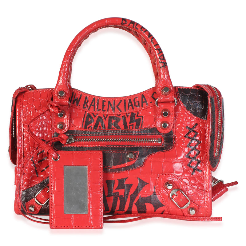 Balenciaga Red Croc Embossed Calfskin Graffiti Classic Hardware Mini City Bag Handbag fv