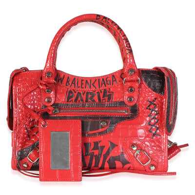Balenciaga Red Croc Embossed Calfskin Graffiti Classic Hardware Mini City Bag Handbag fv