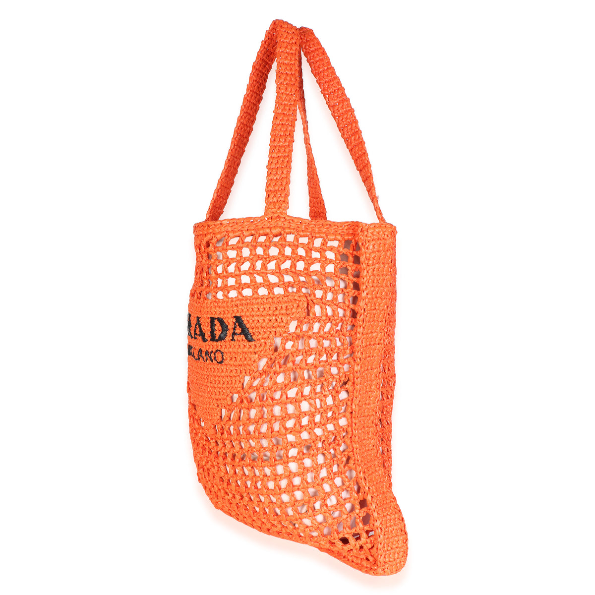 Prada Arancio Yarn Raffia Effect Logo Crochet Tote Handbag 2