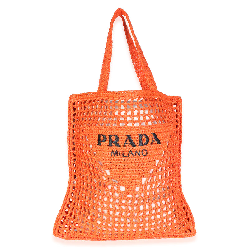Prada Arancio Yarn Raffia Effect Logo Crochet Tote Handbag fv