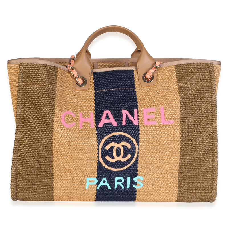 Chanel Khaki Beige Navy Blue Straw Raffia Calfskin Striped Large Deauville Tote Handbag fv
