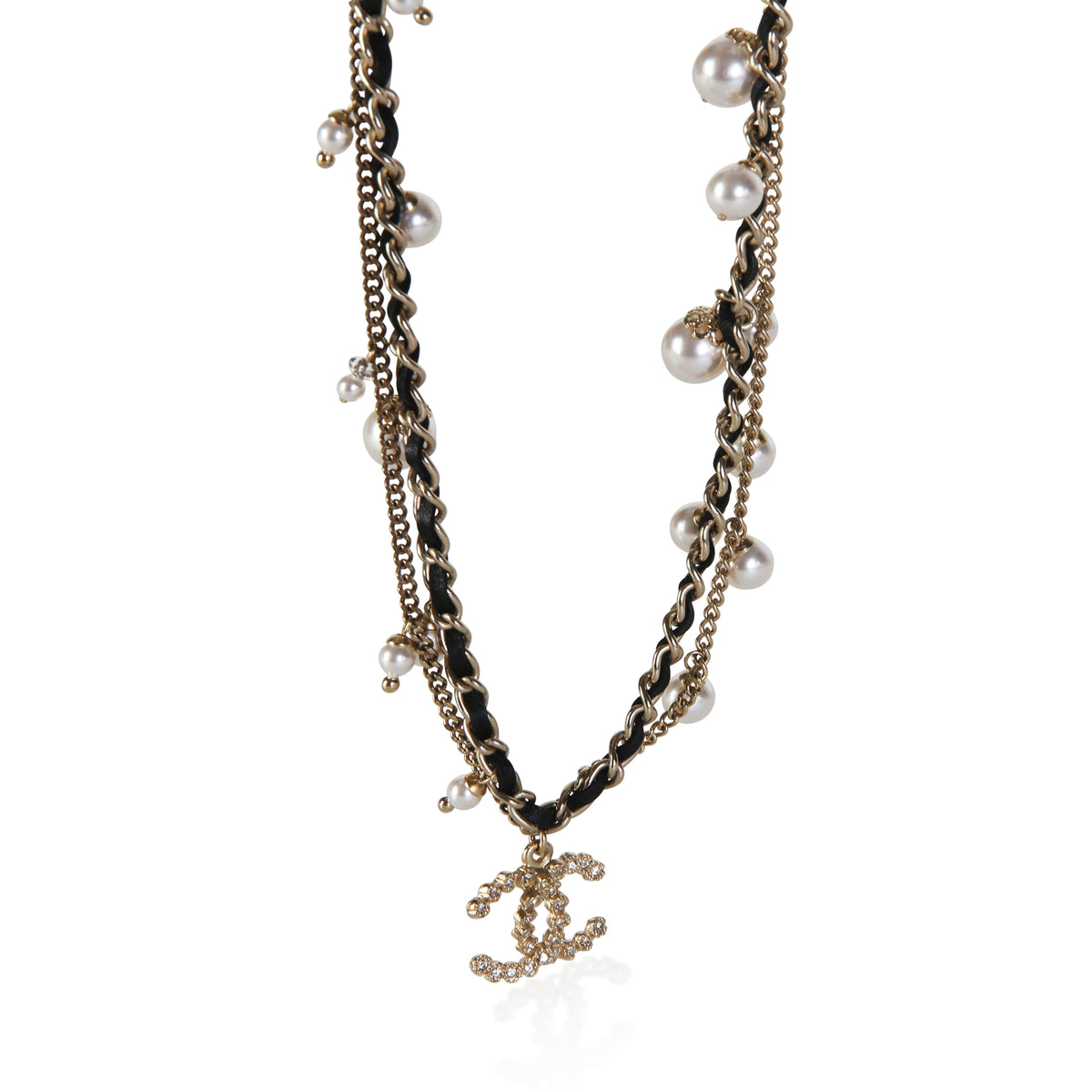 Chanel Gold Plated 2016 Leather & Faux Pearl CC Necklace fv