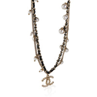 Chanel Gold Plated 2016 Leather & Faux Pearl CC Necklace fv