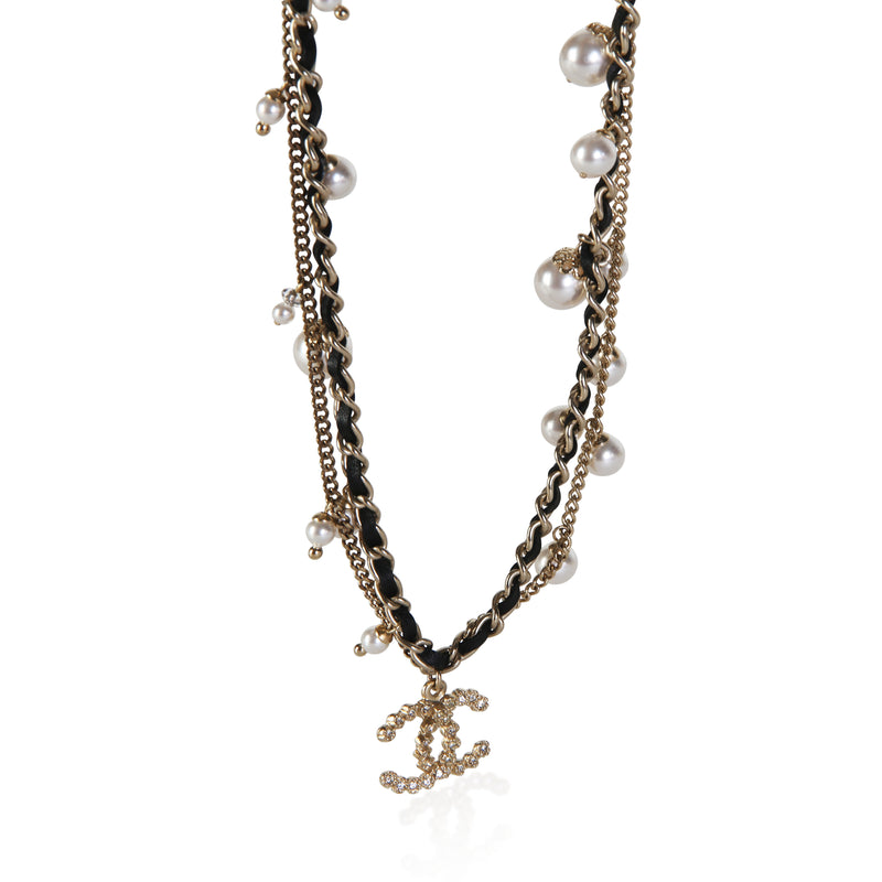 Chanel Gold Plated 2016 Leather & Faux Pearl CC Necklace fv