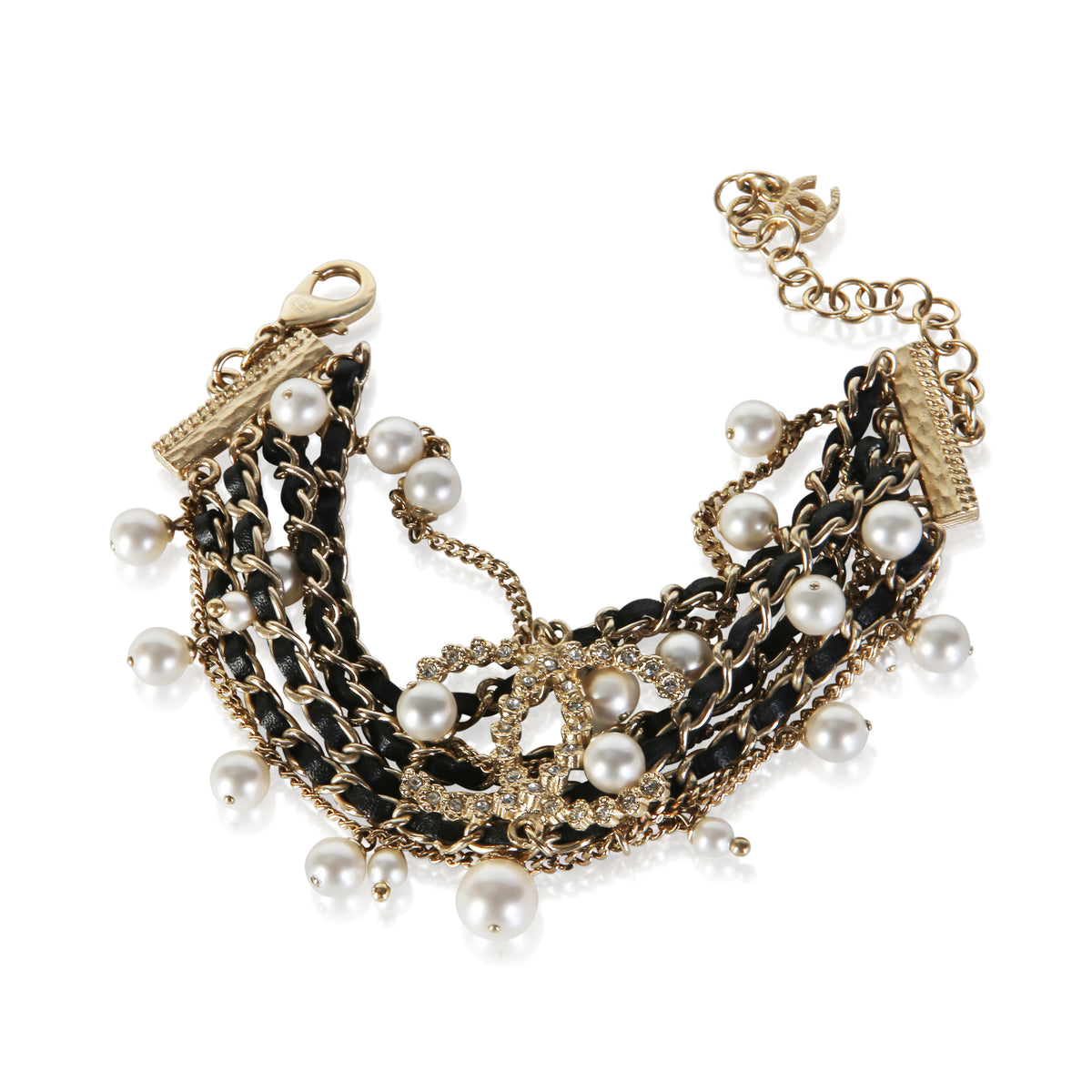 Chanel Gold Plated 2018 Leather & Faux Pearl CC Bracelet 2