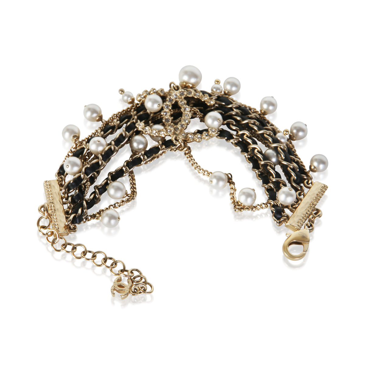 Chanel Gold Plated 2018 Leather & Faux Pearl CC Bracelet 3