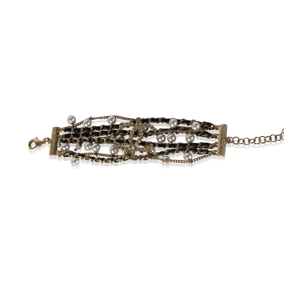 Chanel Gold Plated 2018 Leather & Faux Pearl CC Bracelet fv