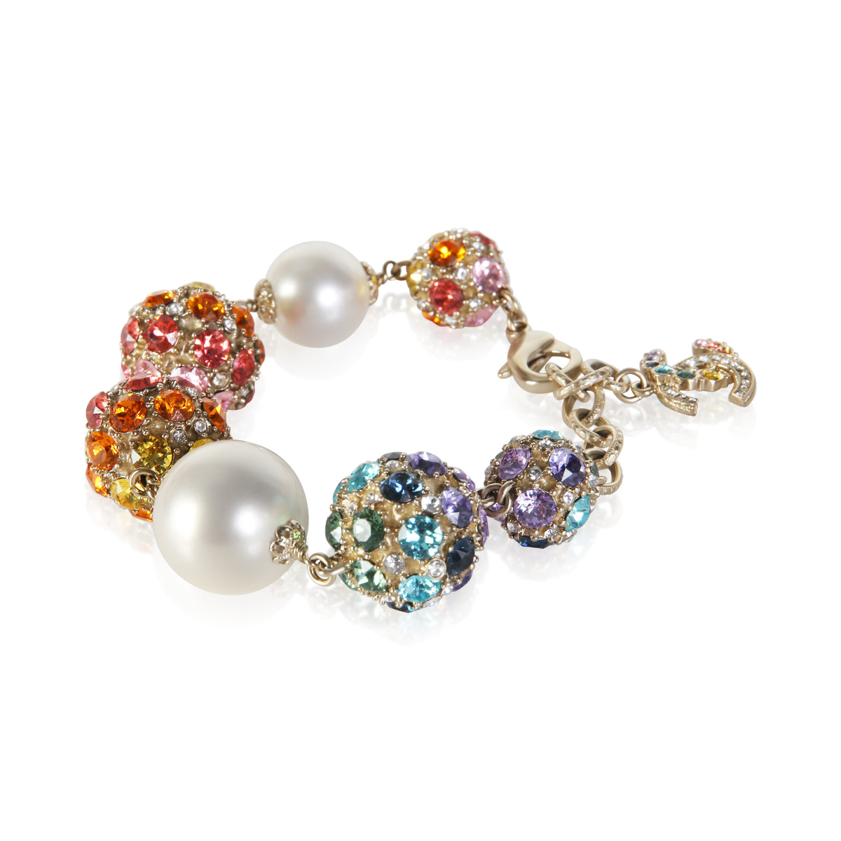 Chanel Gold Plated 2019 Faux Pearl & Multicolor Strass Ball Bracelet 3