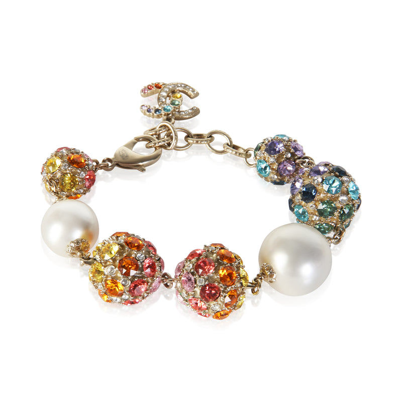 Chanel Gold Plated 2019 Faux Pearl & Multicolor Strass Ball Bracelet fv