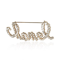 Chanel Gold Plated 2019 Script Faux Pearl & Strass Brooch 2