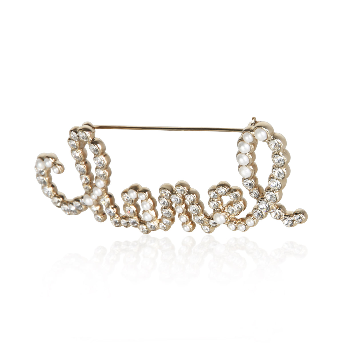 Chanel Gold Plated 2019 Script Faux Pearl & Strass Brooch 2