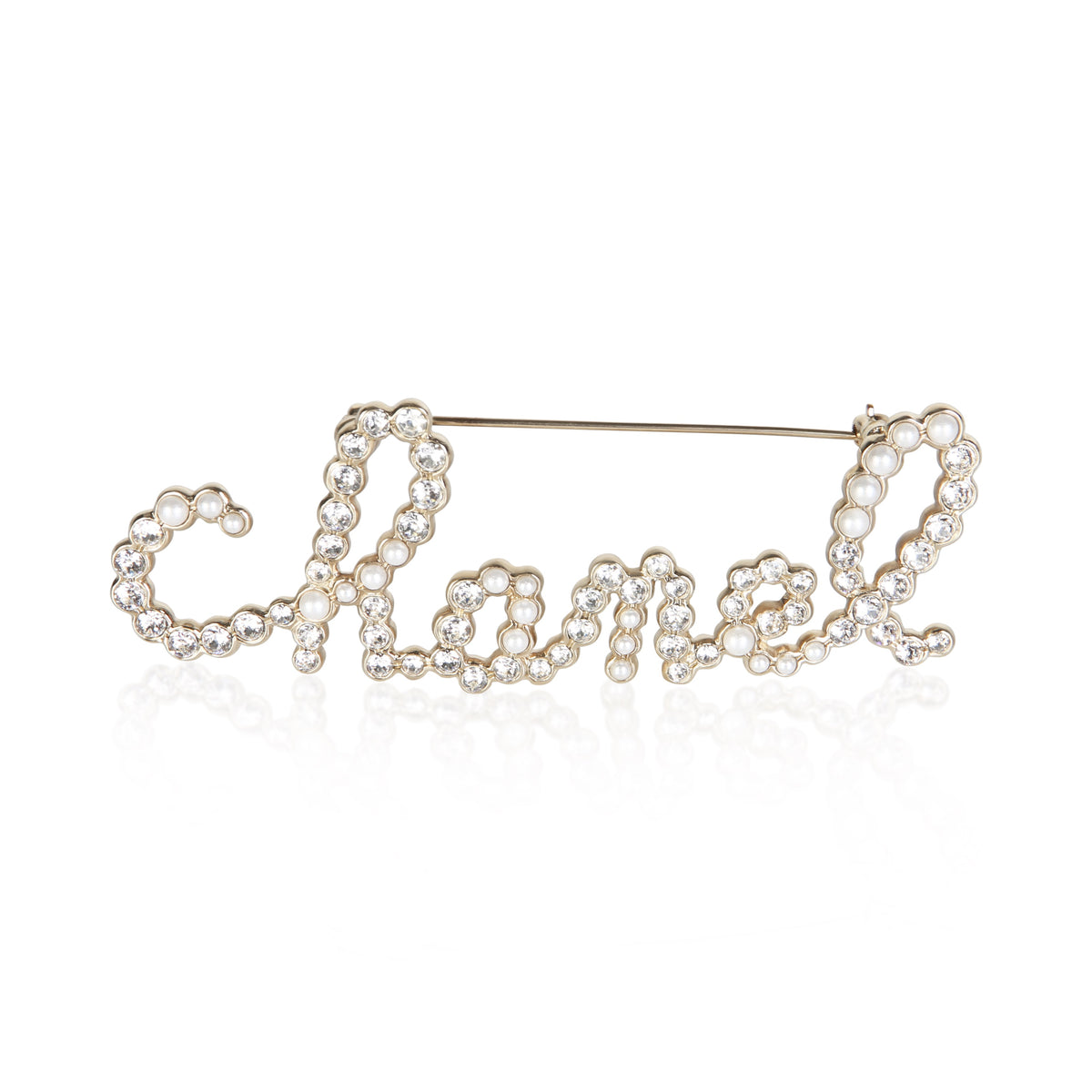 Chanel Gold Plated 2019 Script Faux Pearl & Strass Brooch fv