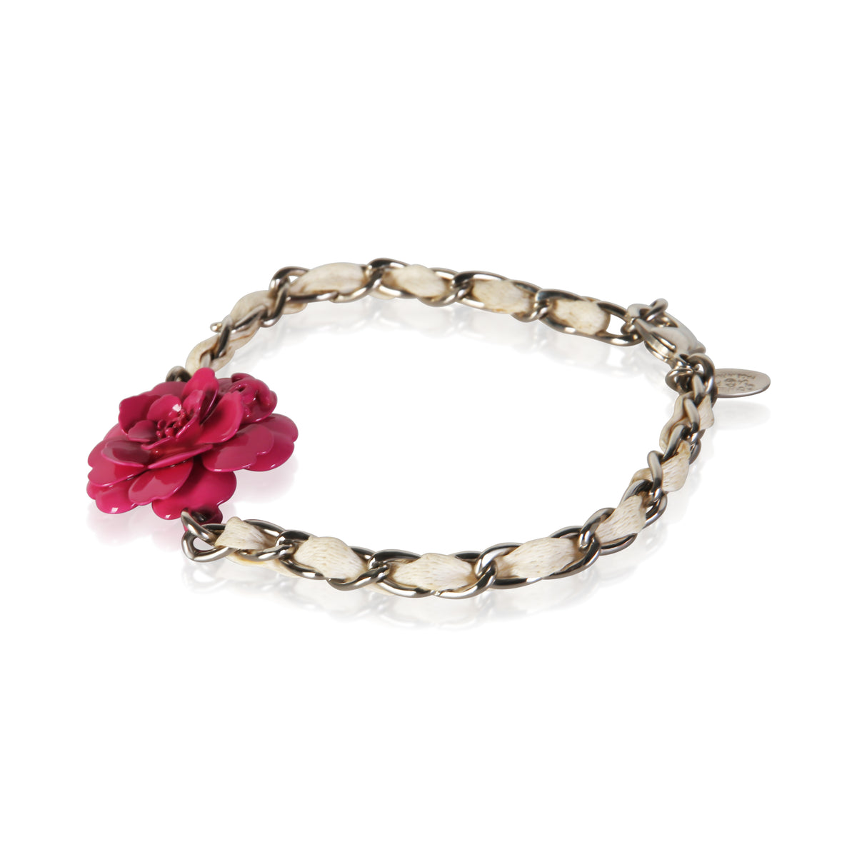 Chanel 2004 Cream Leather & Pink Camelia Bracelet 2