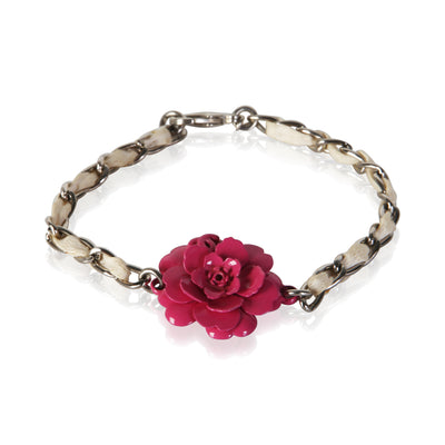 Chanel 2004 Cream Leather & Pink Camelia Bracelet fv