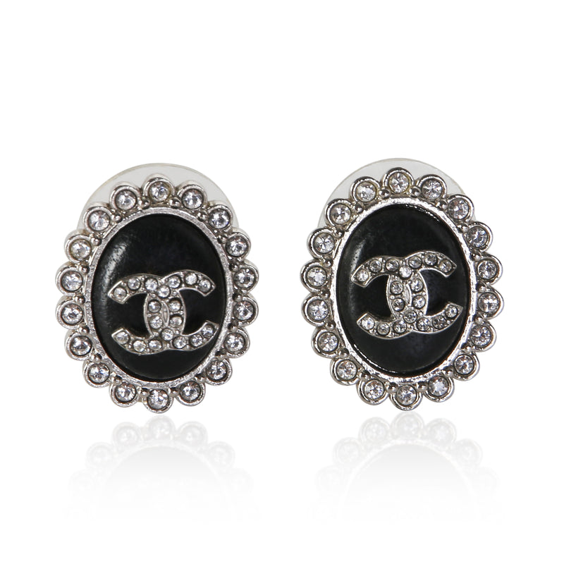 Chanel 2022 Oval Leather & Strass CC Earrings fv