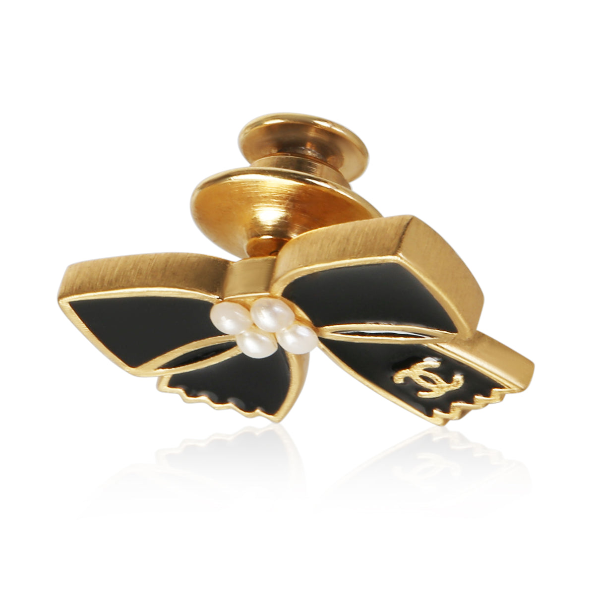 Chanel Gold Plated Black Enamel & Faux Pearl Bow Brooch 2