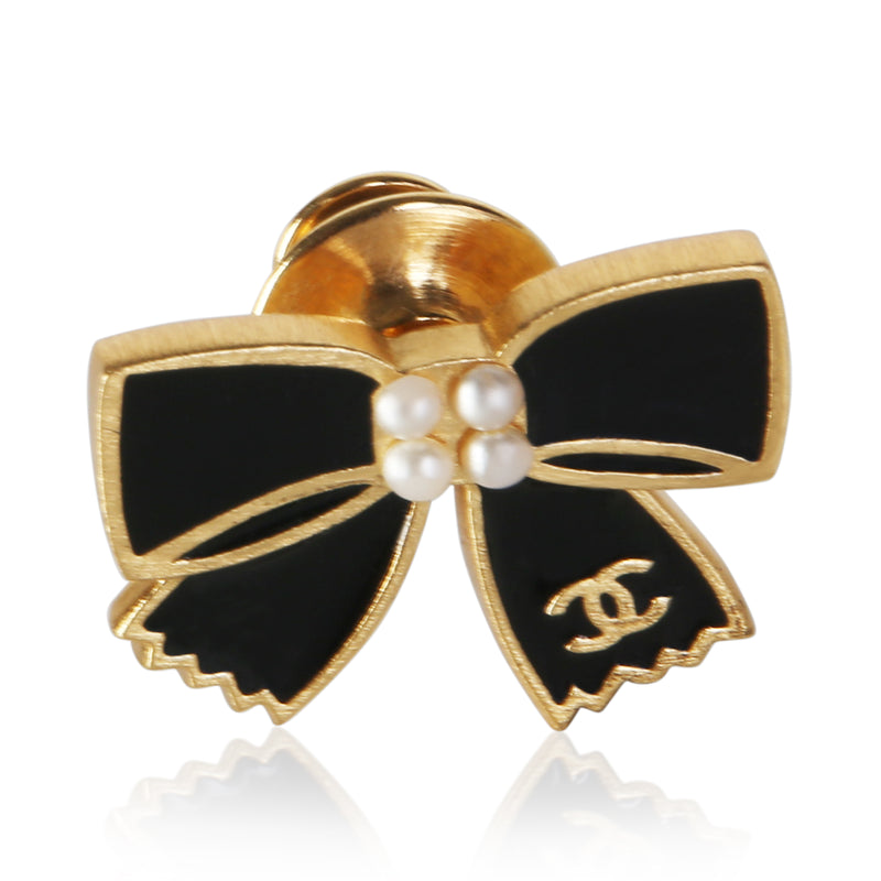 Chanel Gold Plated Black Enamel & Faux Pearl Bow Brooch fv