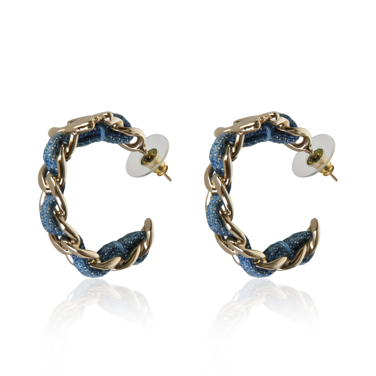 Chanel Gold Plated 2025 Blue Tweed Chain Hoop Earrings 2