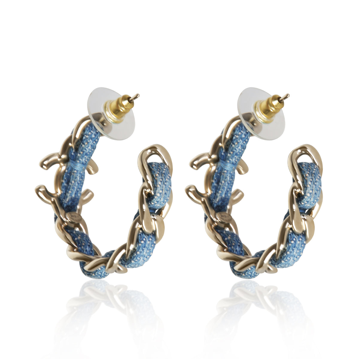 Chanel Gold Plated 2025 Blue Tweed Chain Hoop Earrings 3