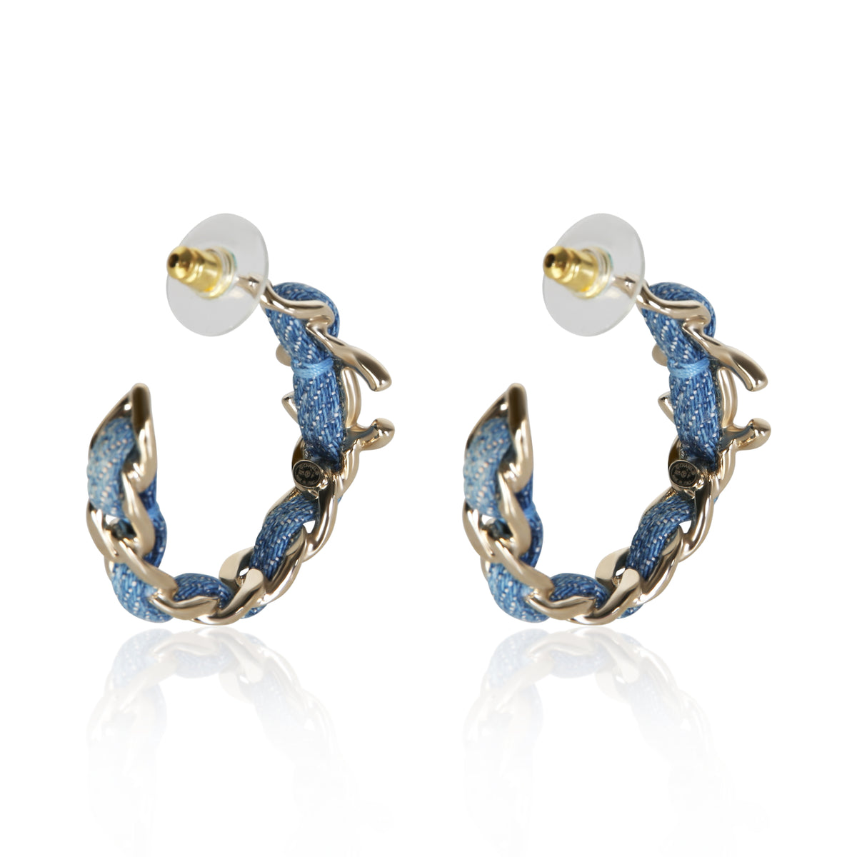 Chanel Gold Plated 2025 Blue Tweed Chain Hoop Earrings 4
