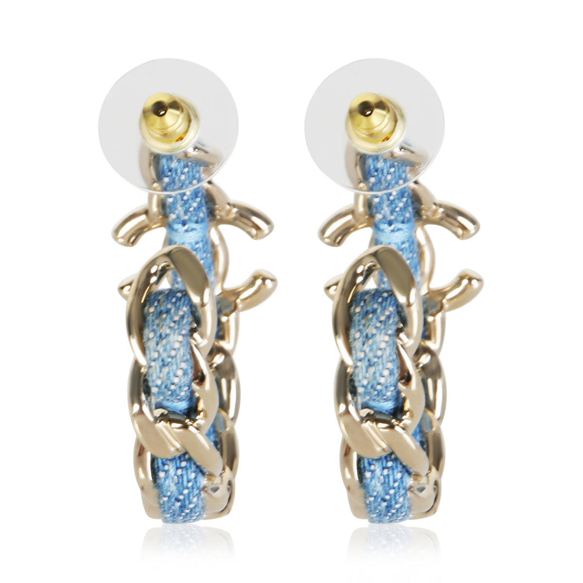 Chanel Gold Plated 2025 Blue Tweed Chain Hoop Earrings 5