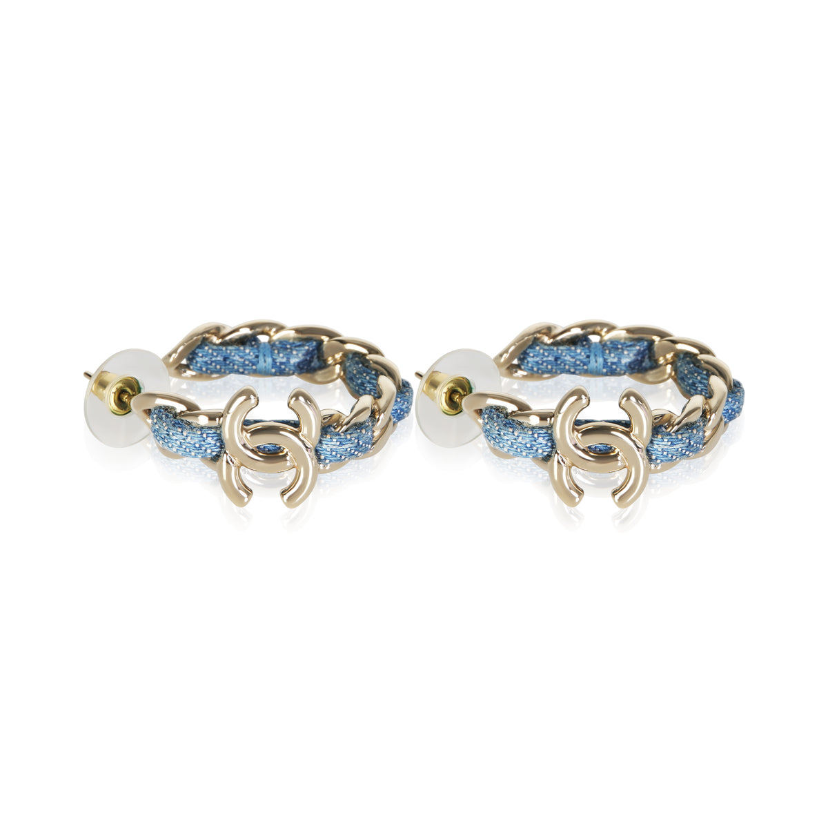 Chanel Gold Plated 2025 Blue Tweed Chain Hoop Earrings 6