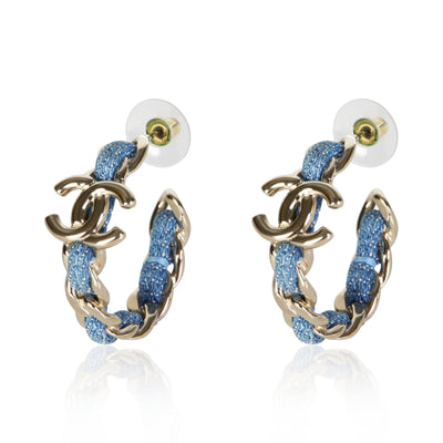 Chanel Gold Plated 2025 Blue Tweed Chain Hoop Earrings fv