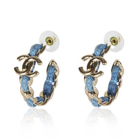 Chanel Gold Plated 2025 Blue Tweed Chain Hoop Earrings fv
