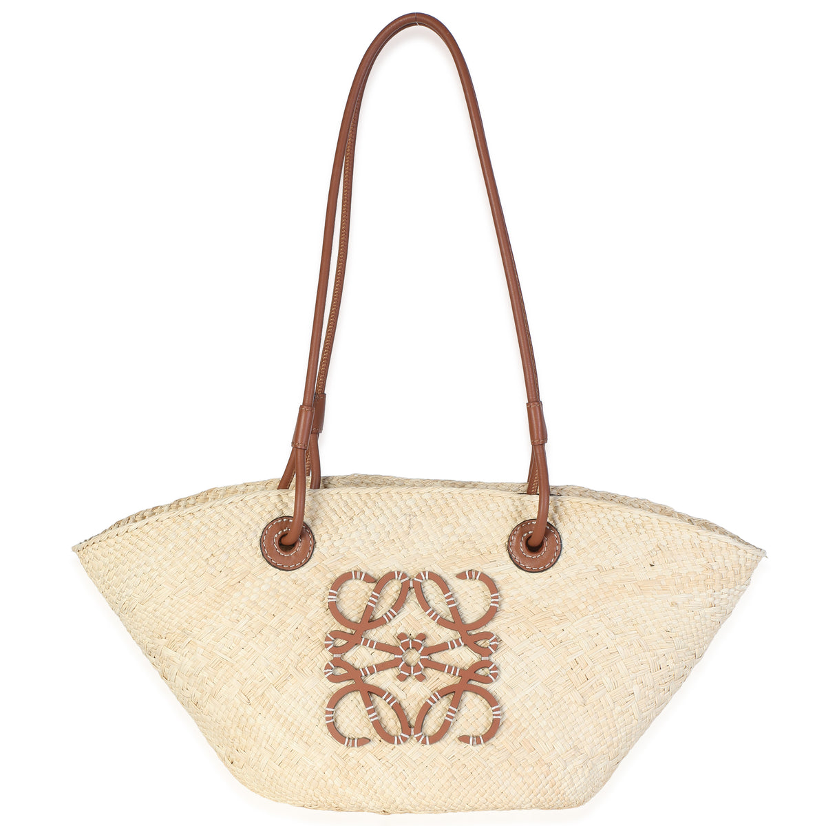 Loewe Natural Tan Calfskin Raffia Small Anagram Basket Tote Handbag id