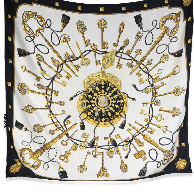 Hermès Cream Black Silk Les Cles Scarf 90 fv