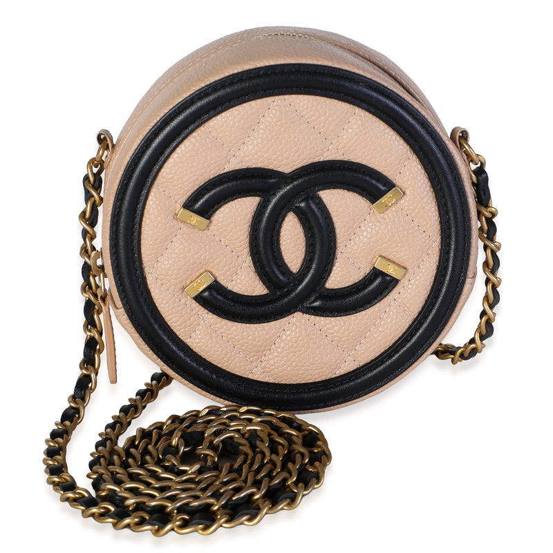 Chanel Black Beige Quilted Caviar Round Filigree Crossbody Handbag fv