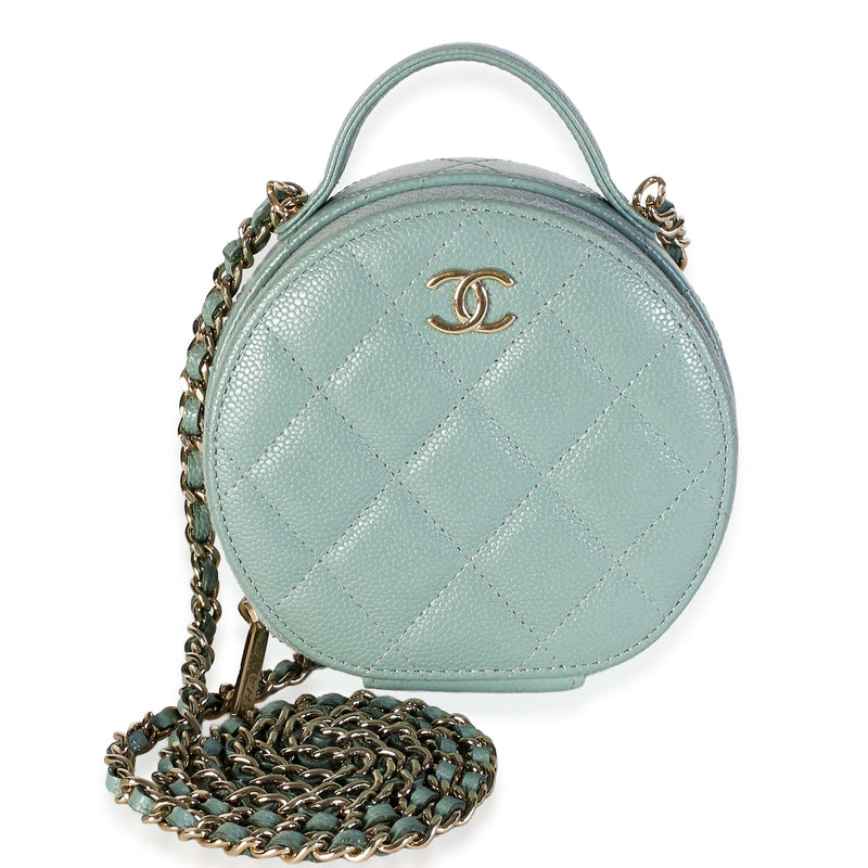 Chanel Light Green Quilted Caviar Handle With Care Round Vanity Case Handbag id