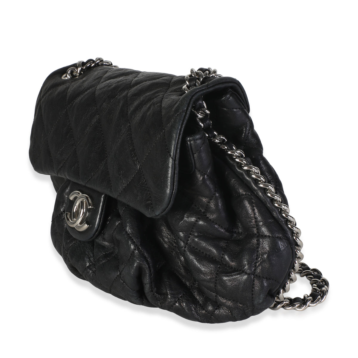 Chanel Black Washed Quilted Lambskin Chain Around Flap Bag Handbag 2