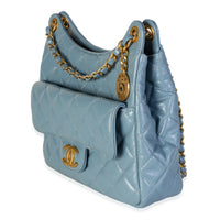 Chanel Blue Shiny Quilted Calfskin Small Wavy CC Hobo Handbag 2