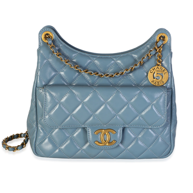 Chanel Blue Shiny Quilted Calfskin Small Wavy CC Hobo Handbag id