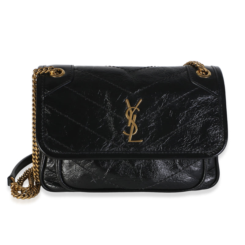 Saint Laurent Black Crinkled Calfskin Matelasse Mini Niki Chain Satchel Handbag fv