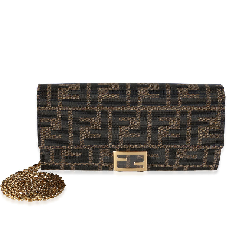 Fendi Brown FF Jacquard Canvas Baguette Wallet On Chain Handbag fv