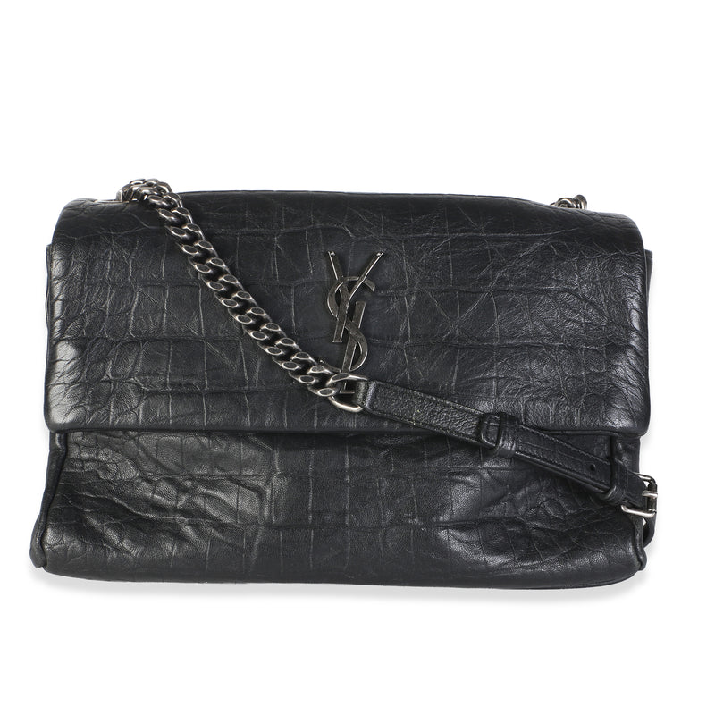 Saint Laurent Black Croc Embossed Calfskin West Hollywood Monogram Fold Over Bag Handbag id