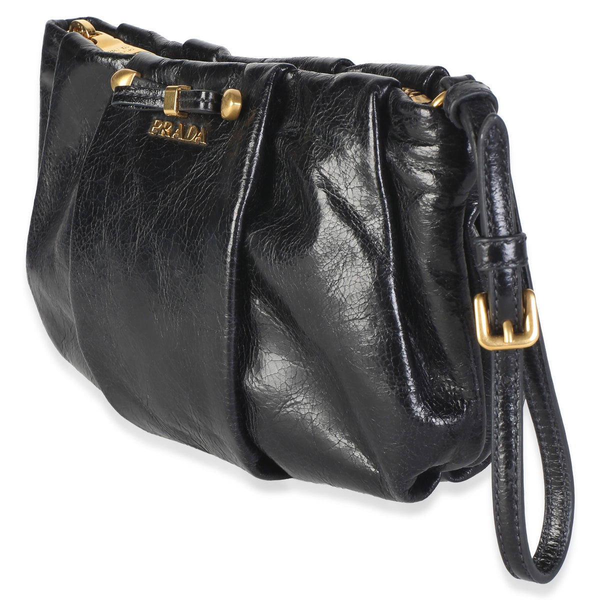 Prada Black Vitello Shine Pleated Bow Wristlet Clutch Handbag 2