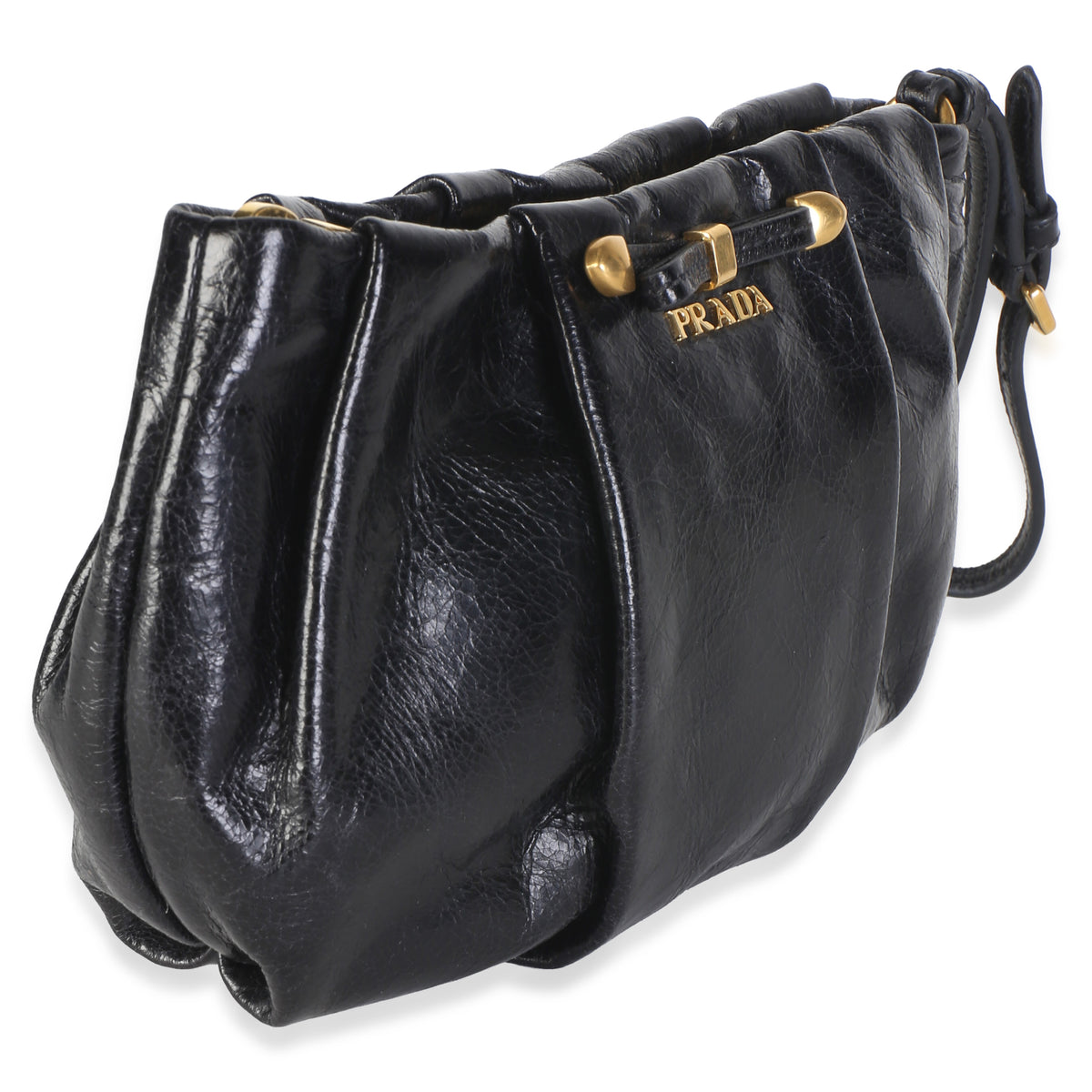Prada Black Vitello Shine Pleated Bow Wristlet Clutch Handbag 3