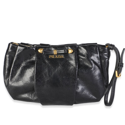 Prada Black Vitello Shine Pleated Bow Wristlet Clutch Handbag id